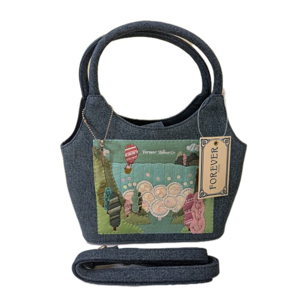 Vintage Fossil Denim Embroidered Forest Balloon Handbag Purse Y2K Key Charm Boho